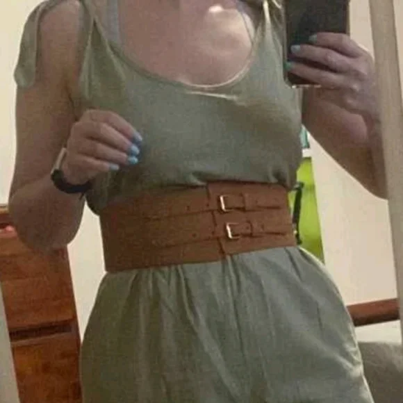 Boho Brown Wide faux suede leather double buckle corset waist elastic belt - Picture 11 of 12